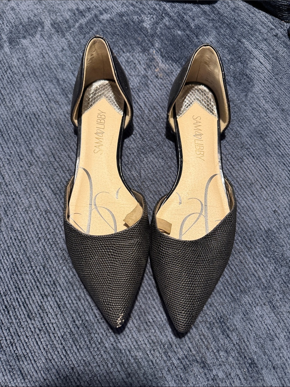 Sam & Libby Black Textured Pointed D'Orsay Flats